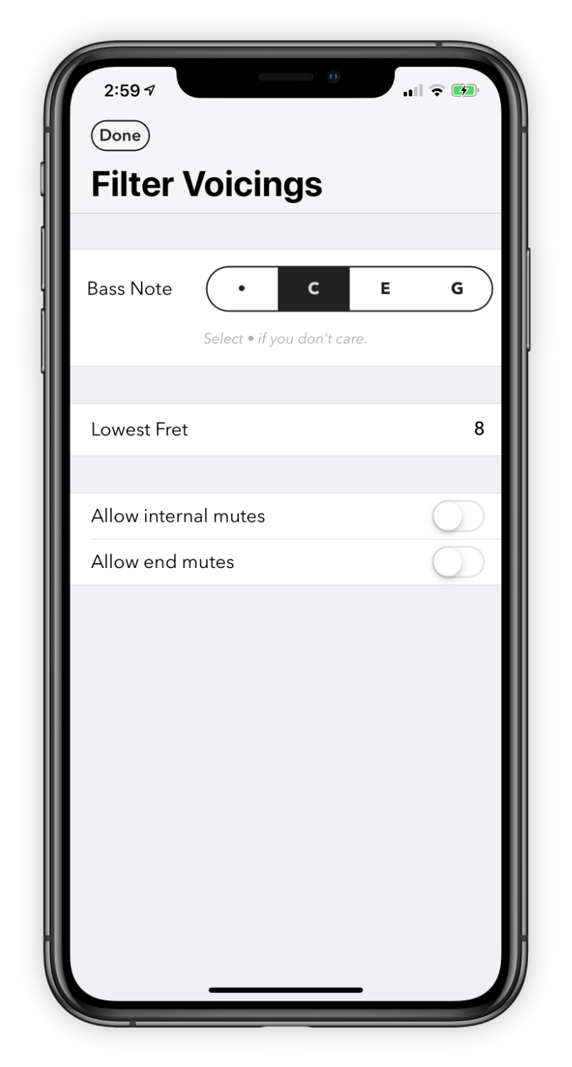 Interface for filtering voicings.